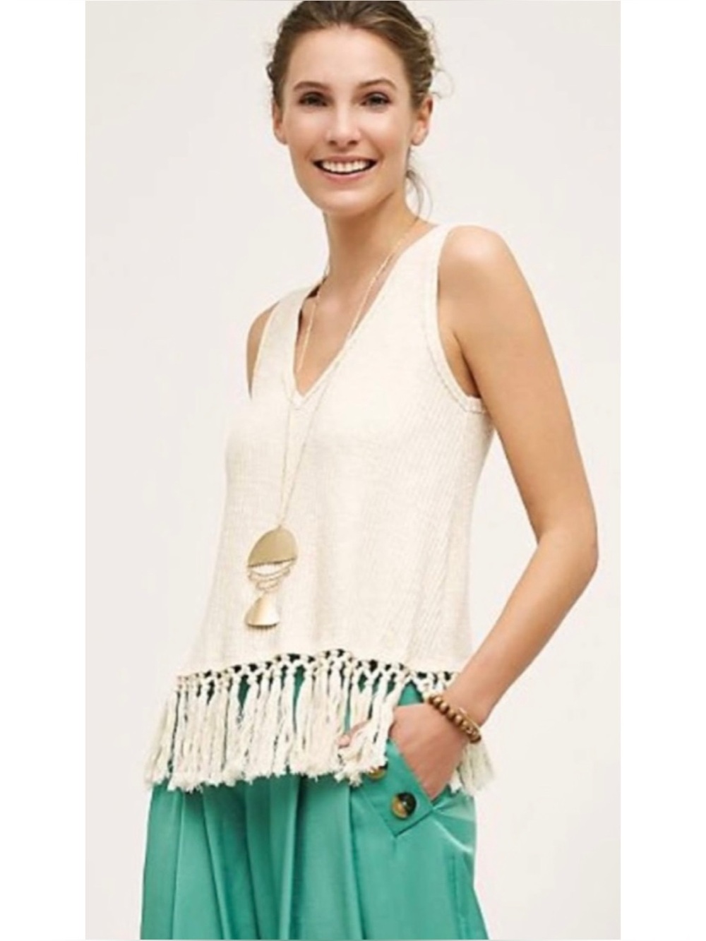 Eri + Ali Anthropologie Redonda V-Neck Knit Fringe Tank Top Beachy Boho